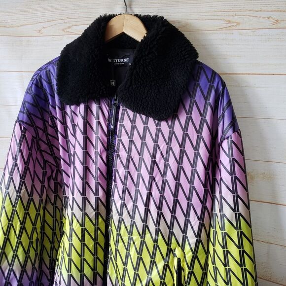 Nocturne Oversized Puffer Jacket Coat Faux Fur Collar Ombre Lined Women Small 36 - Picture 5 of 16